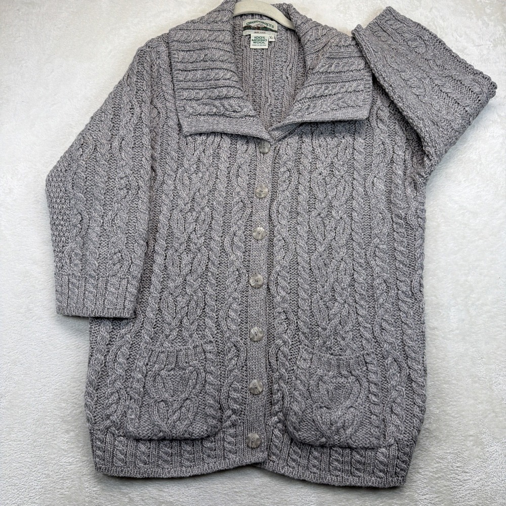 Aran Crafts Women's XL Gray Merino Wool Irish Aran Cable Knit Cardigan Sweater